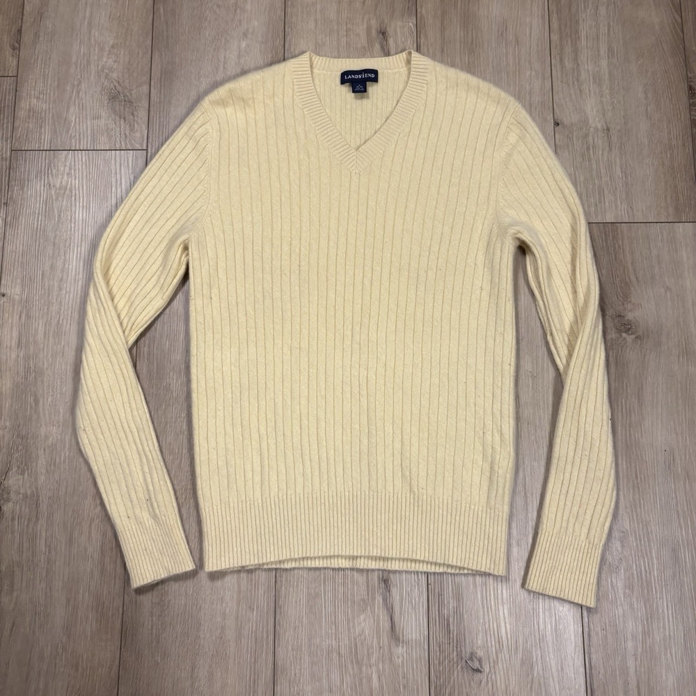 LANDS' END Men's M 38-40 Yellow 100% Cashmere Sweater V Neck Excellent